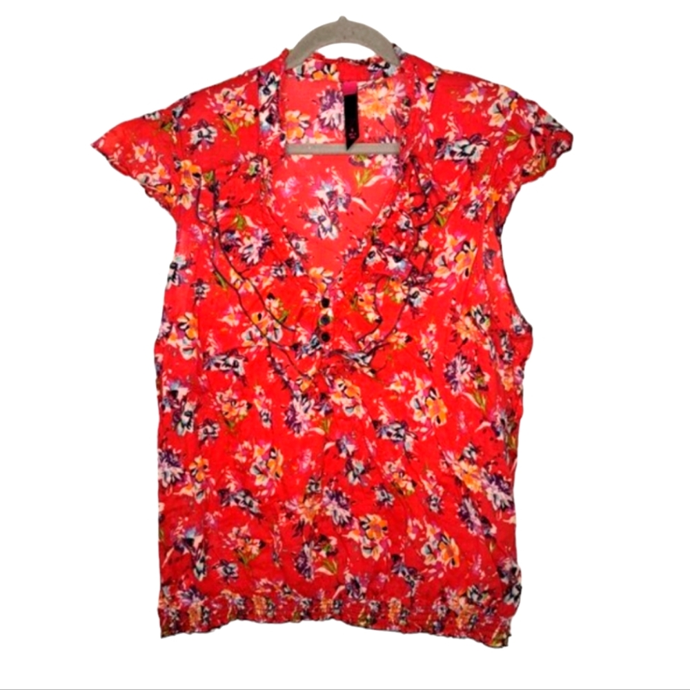 Pure Energy Red Floral Cap Sleeved Blouse Size 4